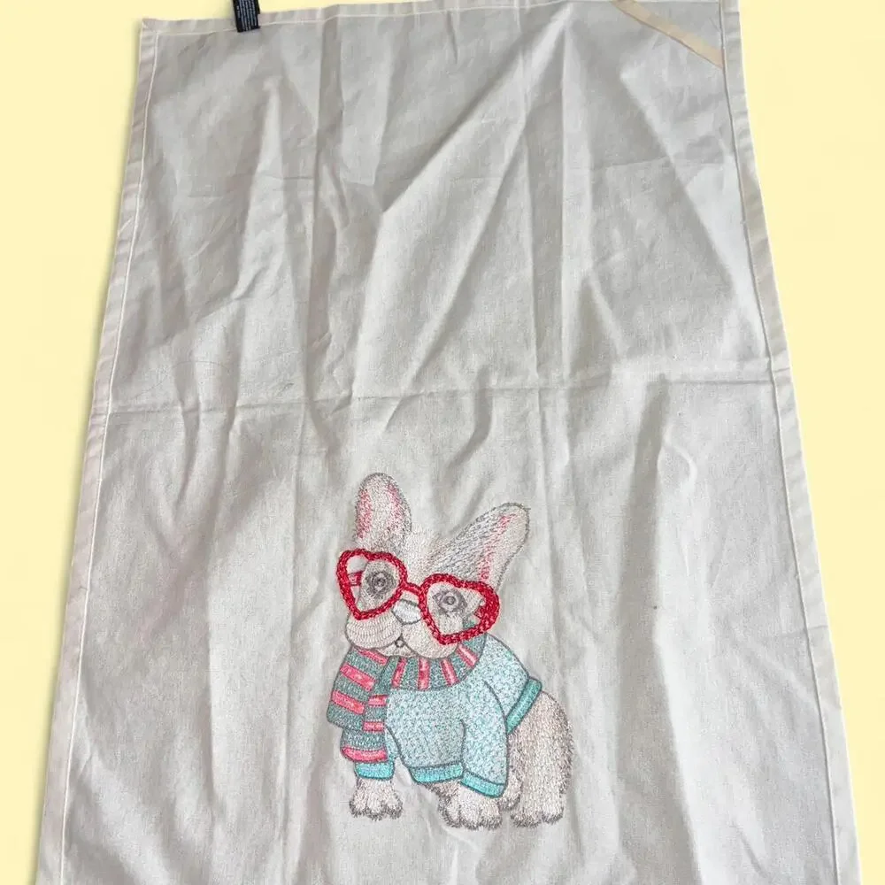 Cynthia Rowley French Bulldog Dog‎ Kitchen Towel Red Glasses Pom Pom Trim NWOT